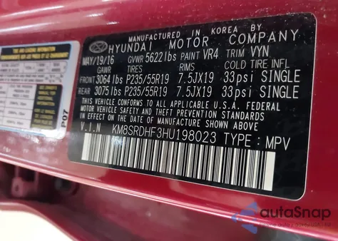 2017 Hyundai Santa Fe Limited Ultimate from USA, damaged, VIN KM8SRDHF3HU198023